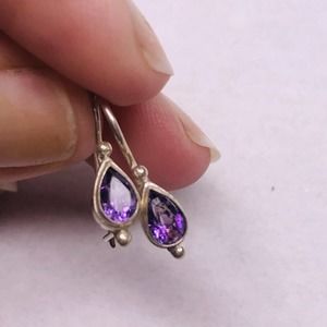 Sterling silver Genuine Amethyst Earring hook Pierced Teardrop